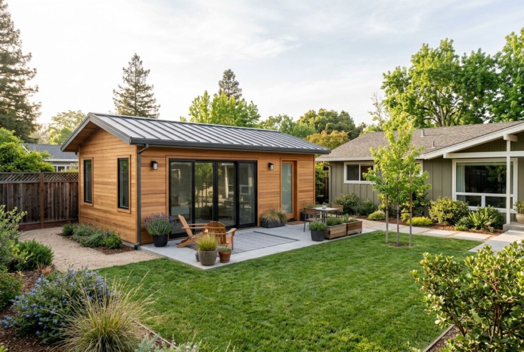 Newly built detached backyard ADU with a glass sliding door