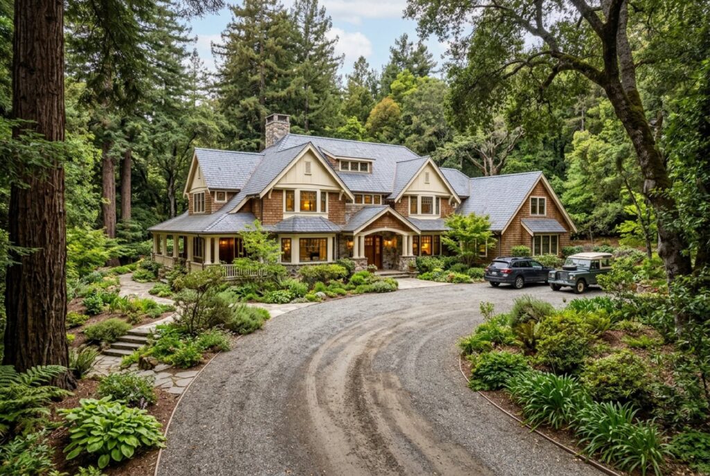 Estate home on a wooded lot in Atherton with a long gravel driveway