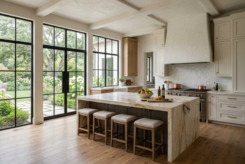 Luxury kitchen with a large island and tall garden windows