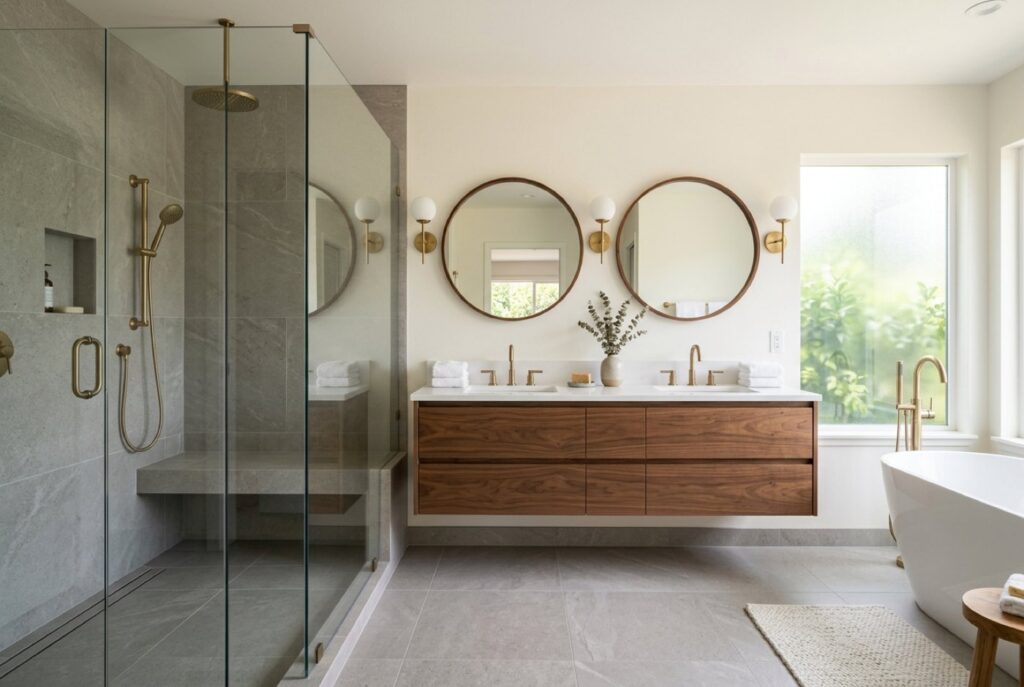 Primary bathroom remodel with a curbless glass shower and double vanity