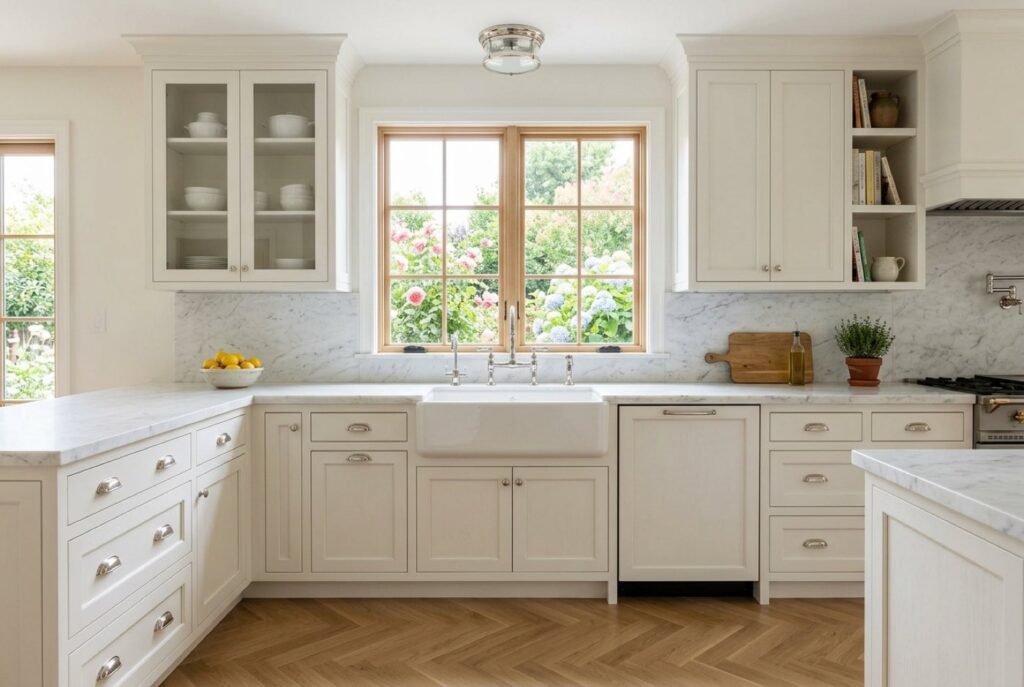 Classic white kitchen with inset shaker cabinets and marble counters
