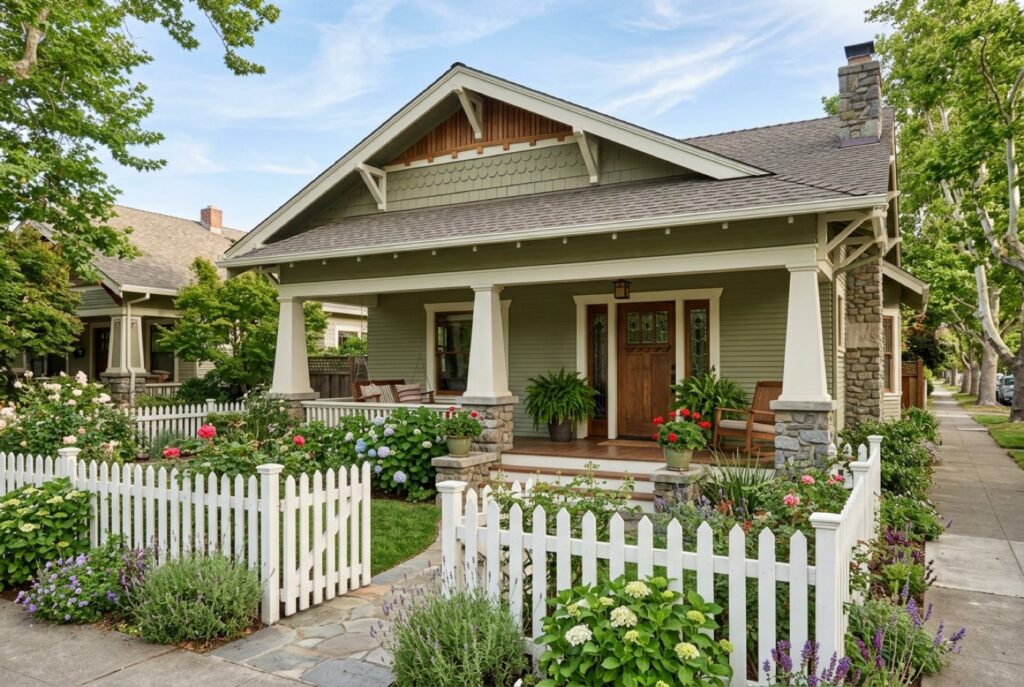 Craftsman bungalow with a deep front porch in Campbell