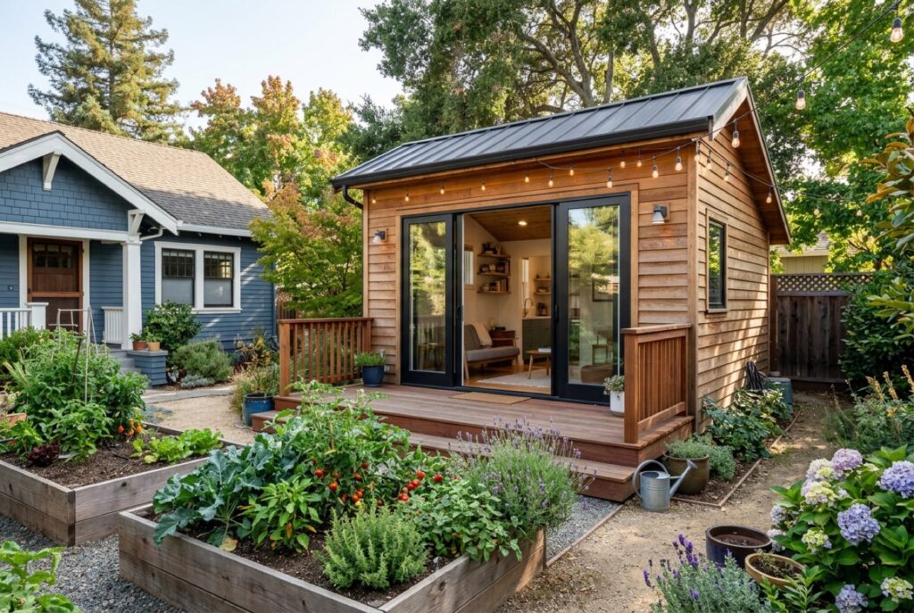 Detached backyard cottage ADU with a wood deck