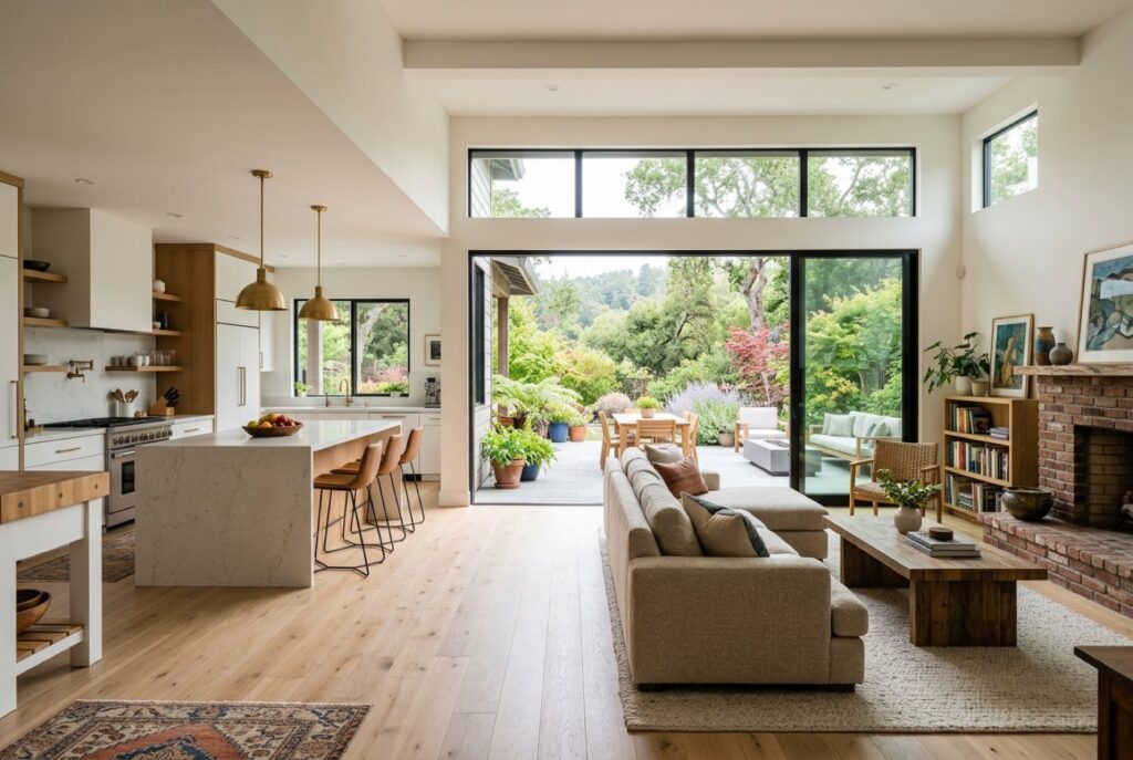 Open family room and kitchen with sliding doors to the backyard