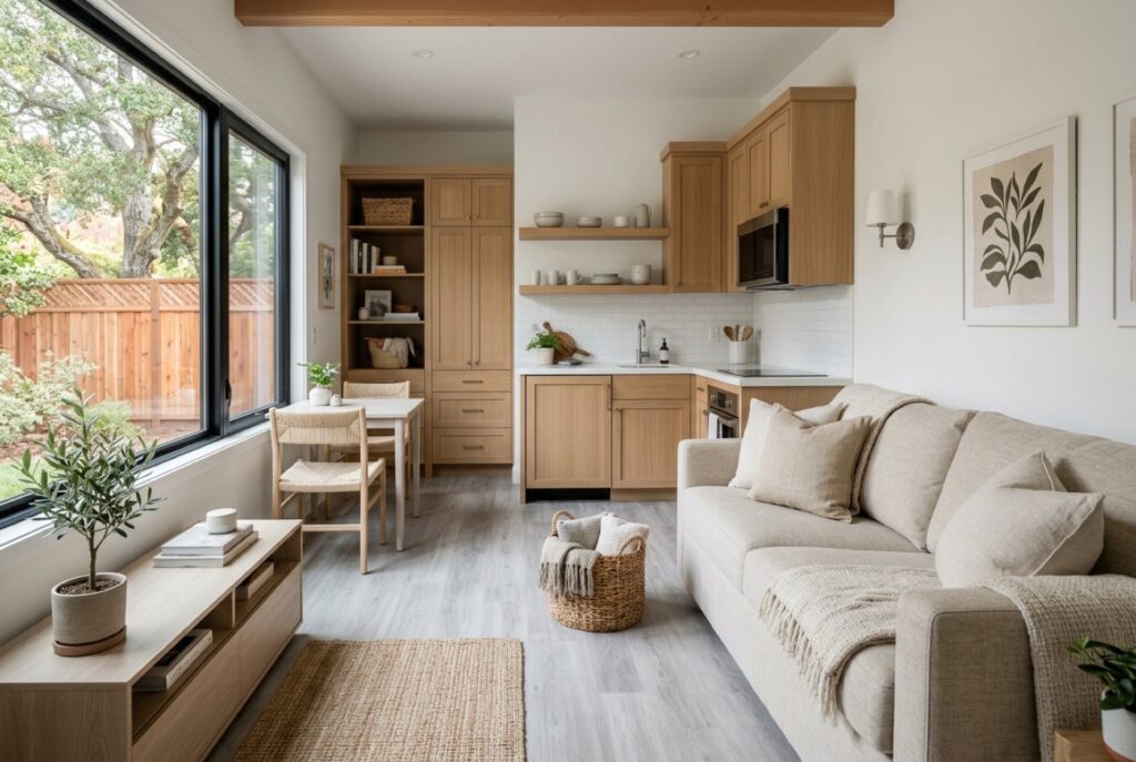Compact studio ADU interior with a small kitchen