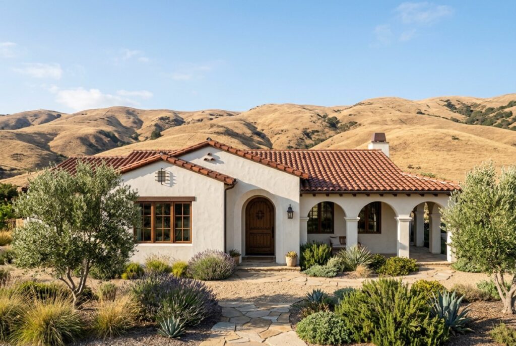 Mission-style stucco home with golden foothills in Fremont