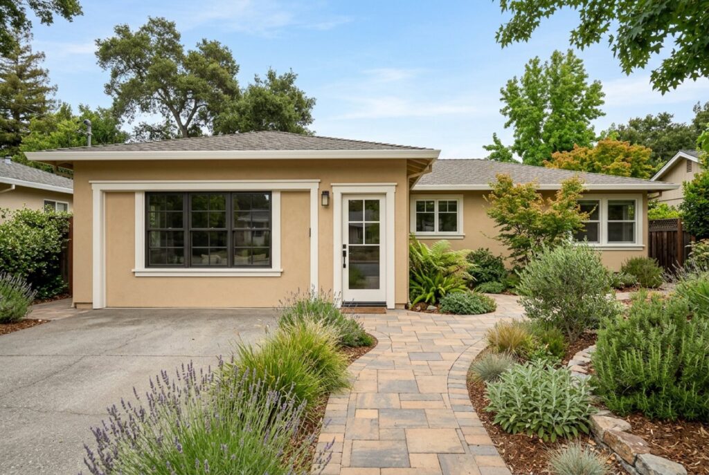 Former garage converted to living space with a new window and entry door