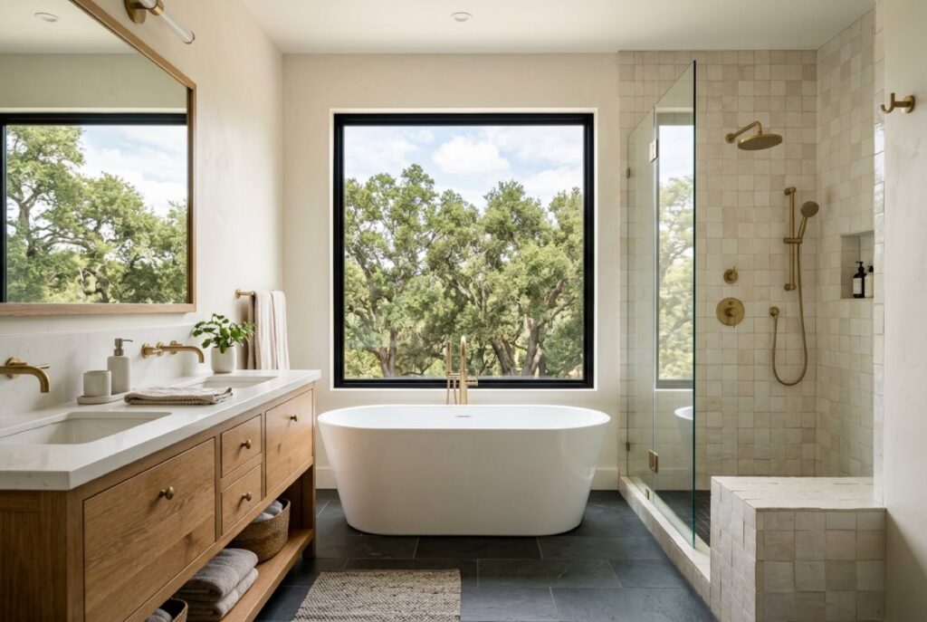 Remodeled primary bathroom with a freestanding tub and oak tree views