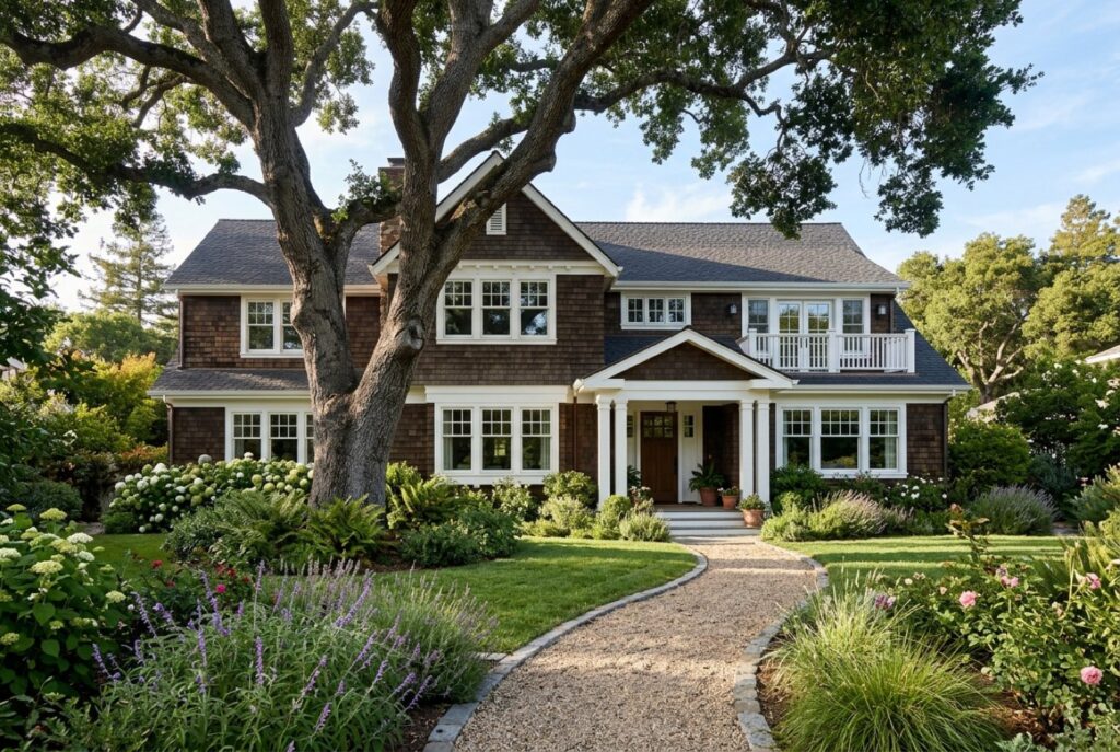 Shingle-style home behind a heritage oak in Menlo Park