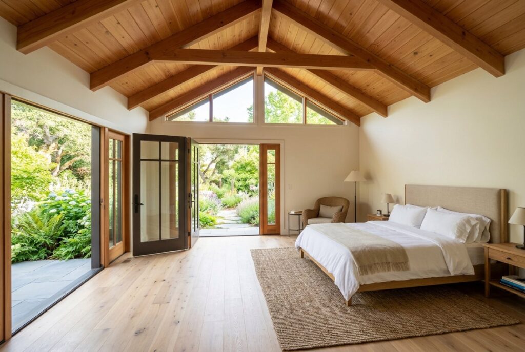 Primary suite addition with a vaulted wood ceiling