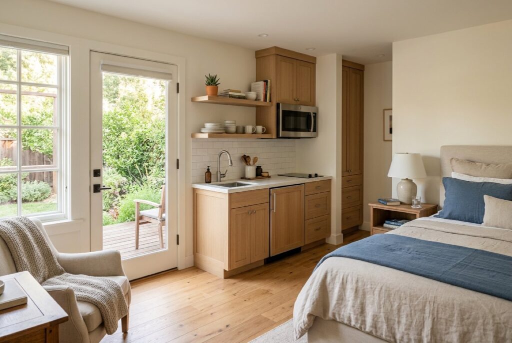 In-law suite bedroom with an efficiency kitchenette