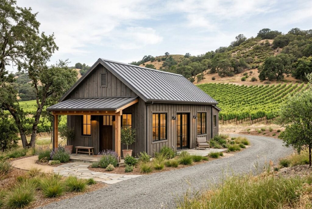 Detached ADU with a metal roof on a rural lot