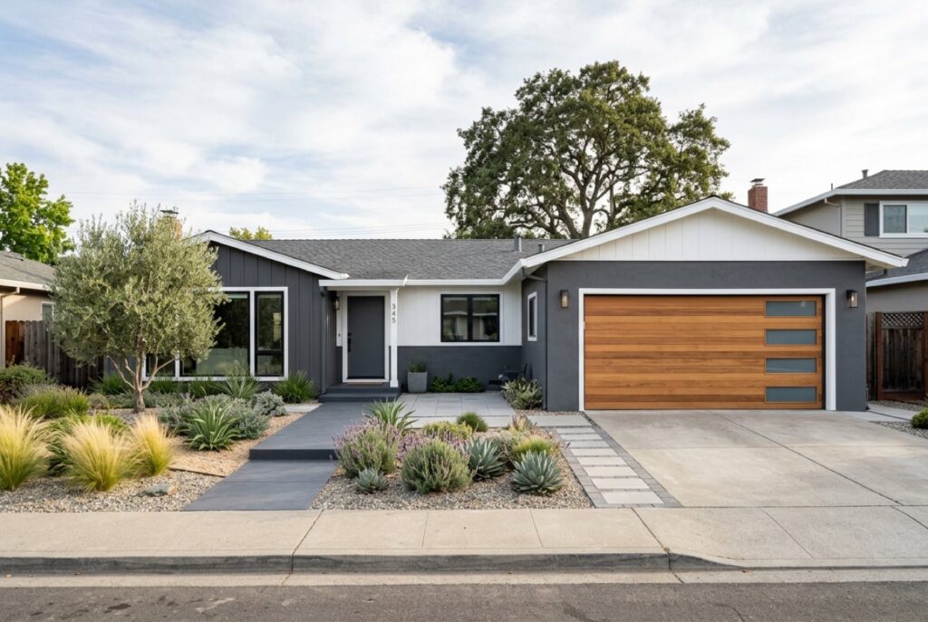 Updated single-story home with a modern garage door in Newark