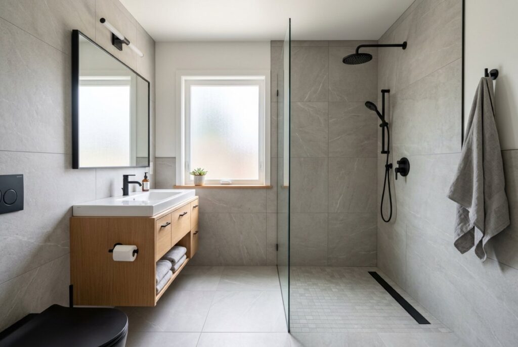 Remodeled bathroom with a curbless walk-in shower