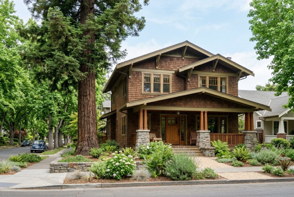 Restored Craftsman home with wood shingles in Palo Alto