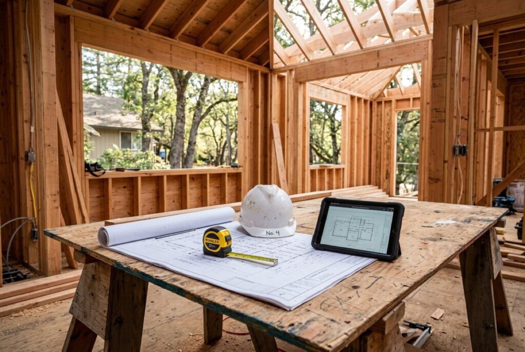 Construction drawings on a job-site table inside a framed addition
