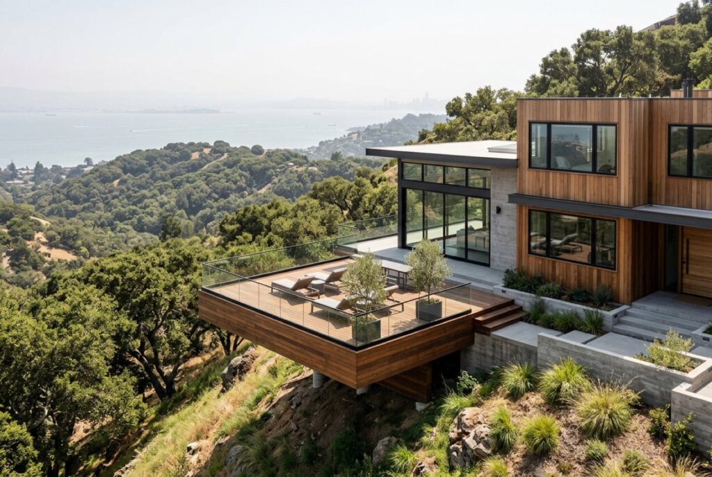 Hillside home with a cantilevered deck in San Carlos