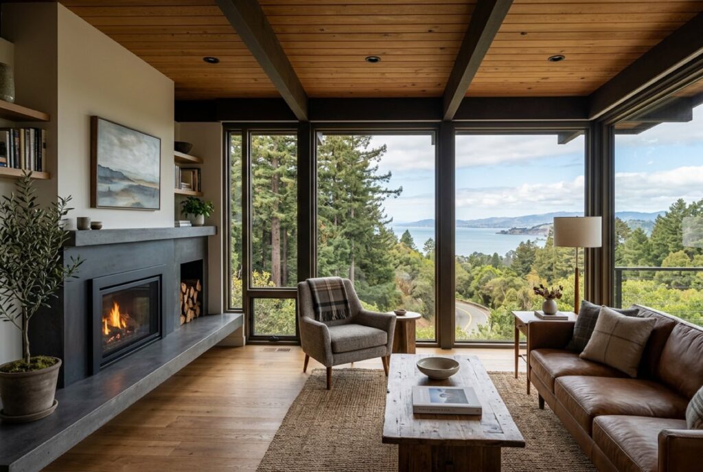 Hillside living room with floor-to-ceiling windows