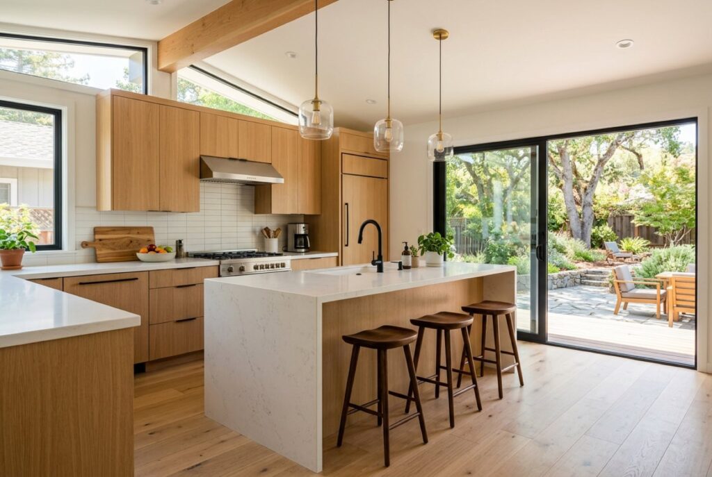 Remodeled kitchen with white oak cabinets and a large island