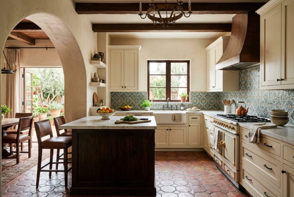 Kitchen remodel with an arched doorway and hand-glazed tile