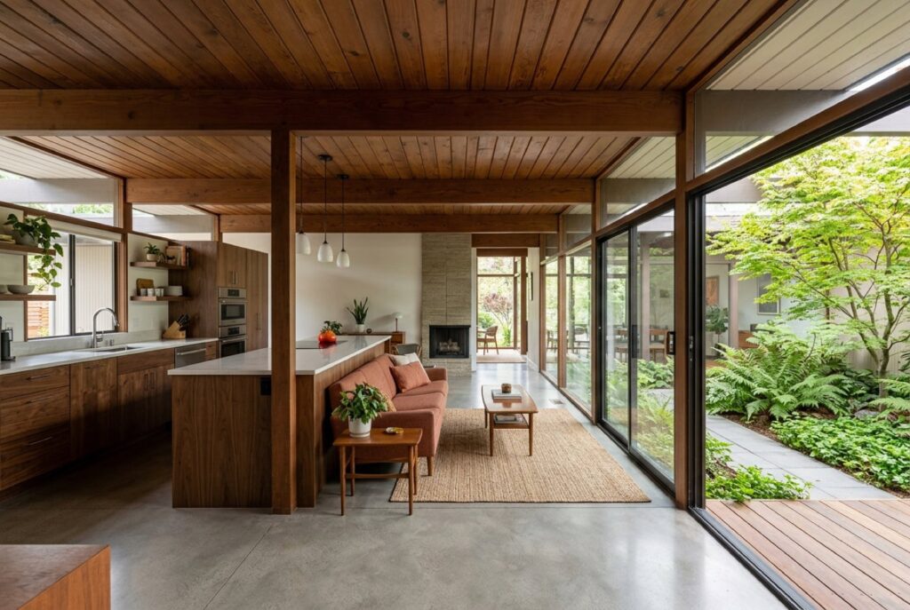 Renovated post-and-beam interior with an atrium garden