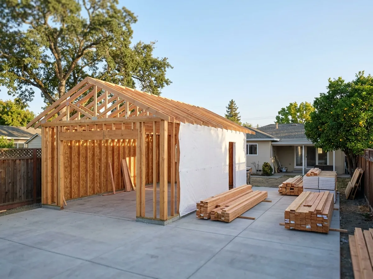 Detached ADU under construction in a San Jose backyard with new wood framing and roof trusses on a fresh foundation