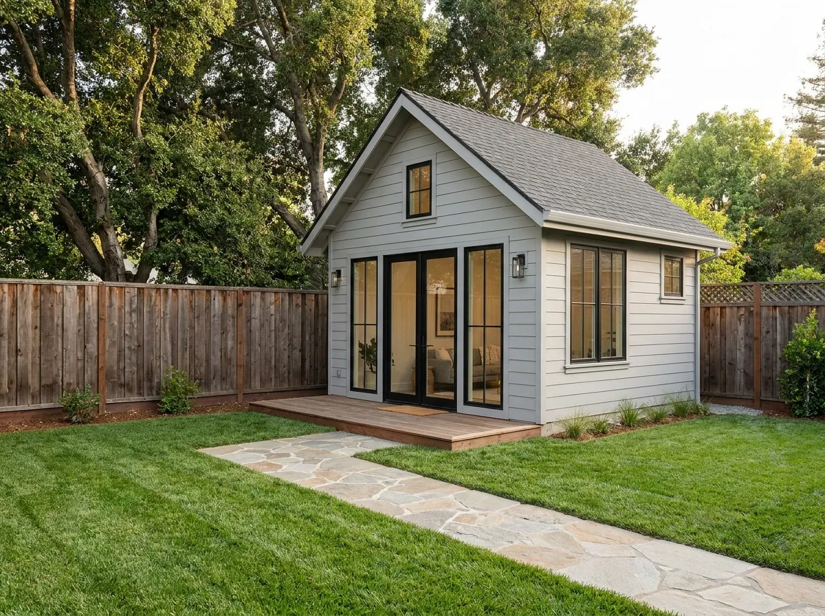 The same San Jose backyard with a new detached ADU, a small deck and a stone path across a green lawn