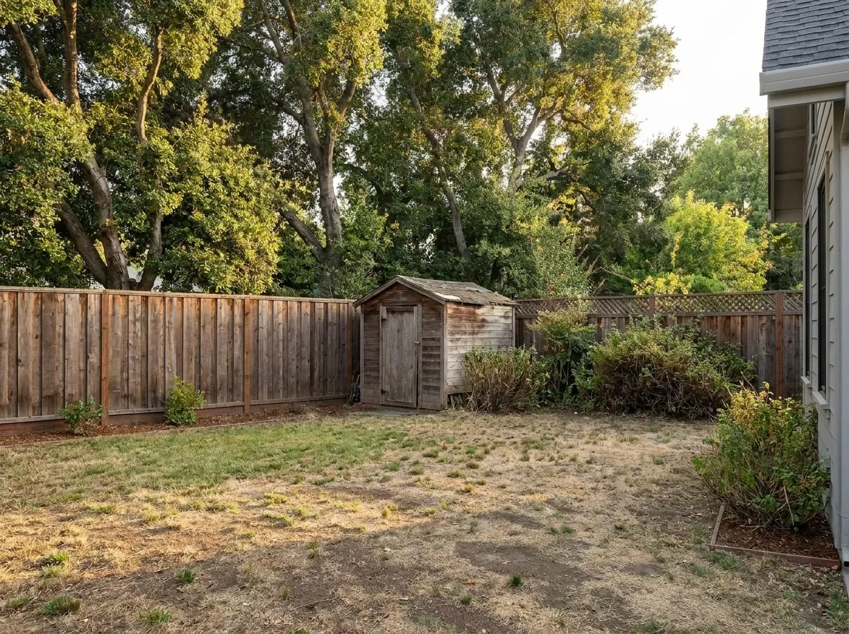 San Jose backyard before an ADU with a patchy lawn, an old wooden shed and overgrown shrubs along the fence