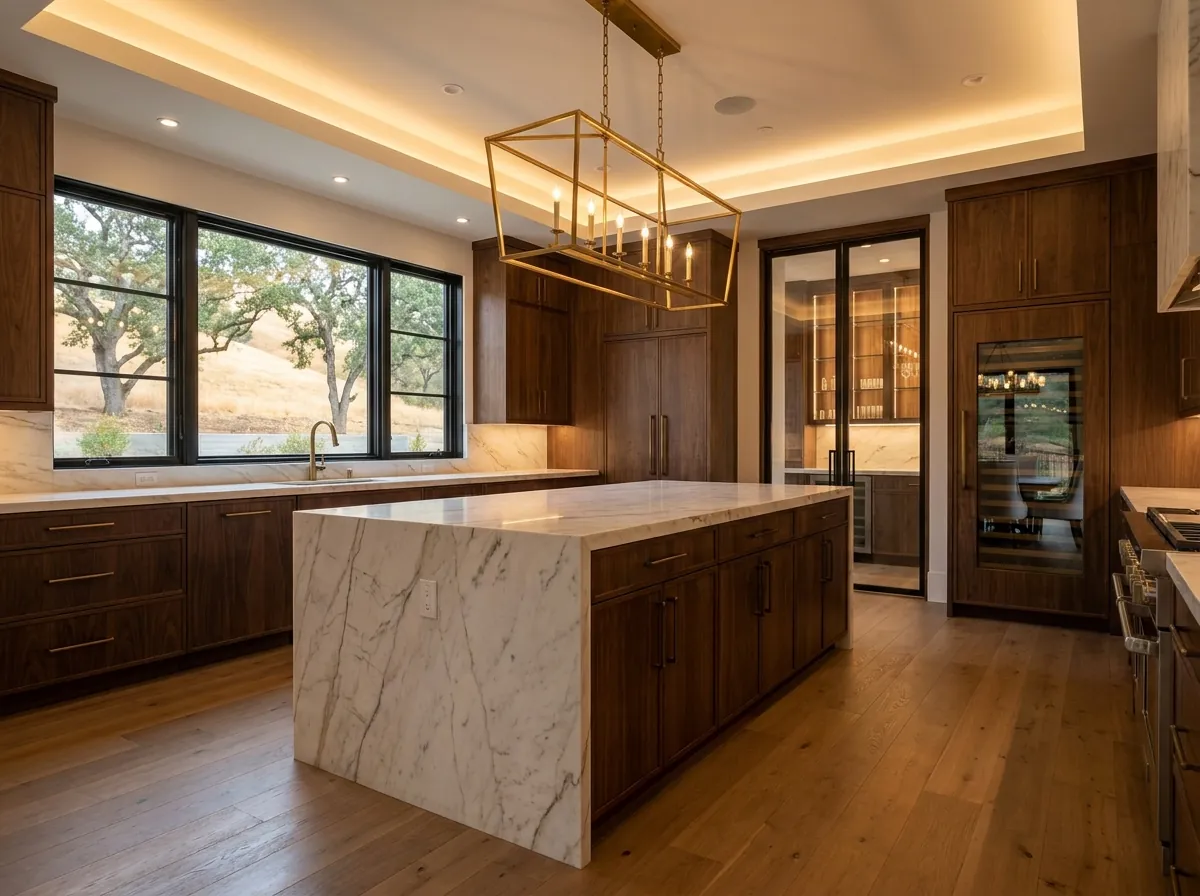 Luxury custom kitchen with dark walnut cabinetry, a marble island and a glass-front butler’s pantry