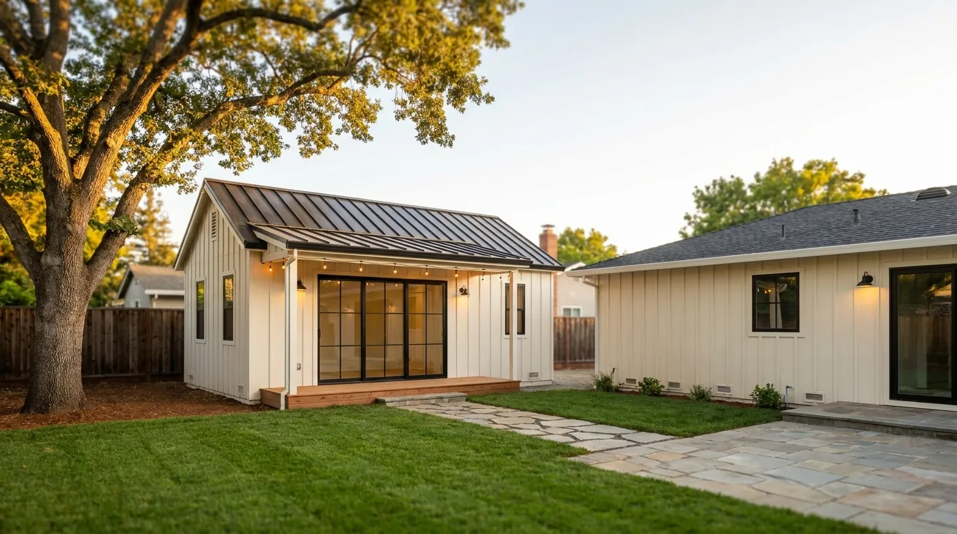 New detached backyard ADU with board-and-batten siding and black-framed glass doors behind a San Jose ranch home