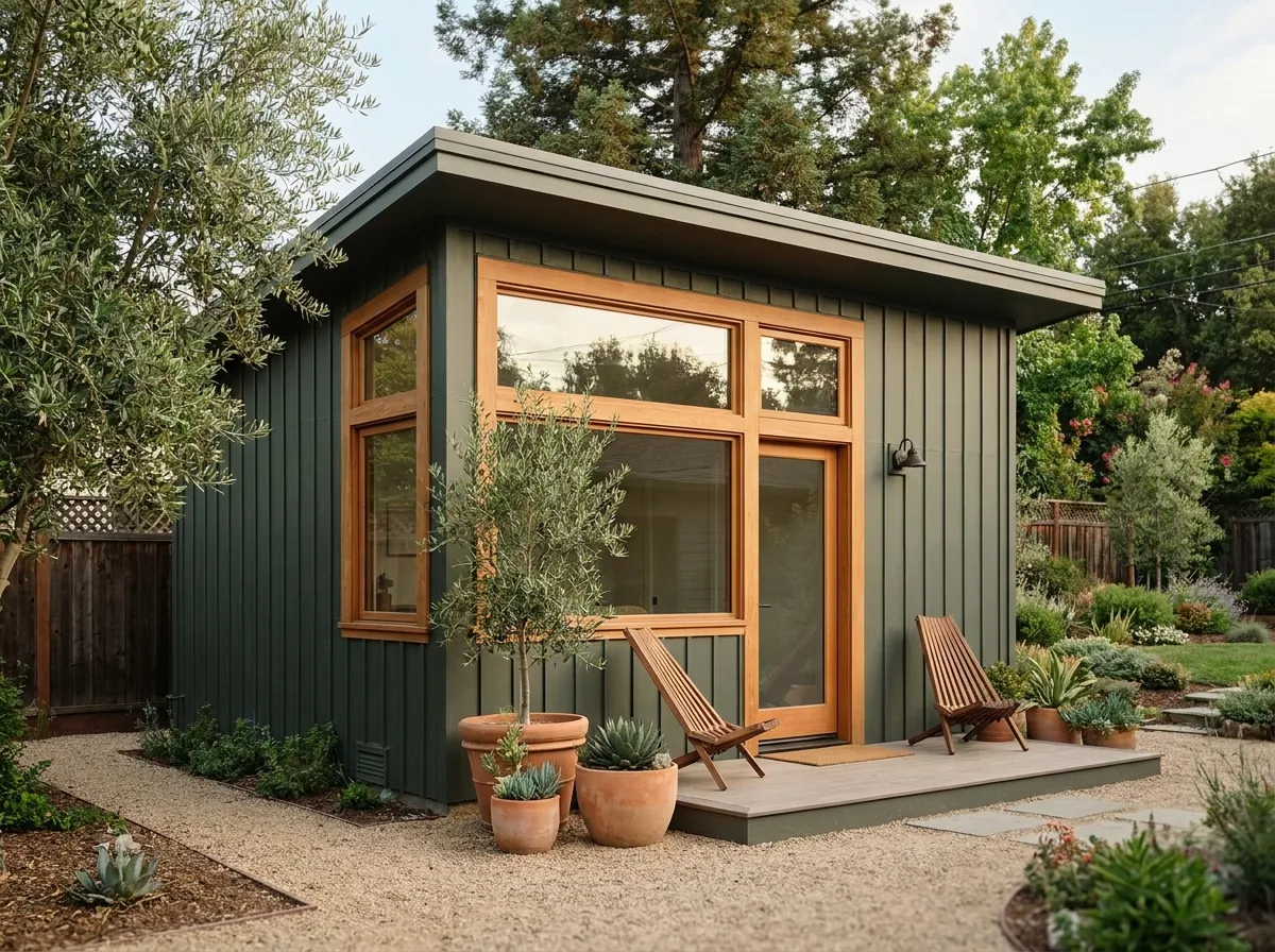 Detached backyard garage converted into an ADU with new windows, dark green siding and a small deck