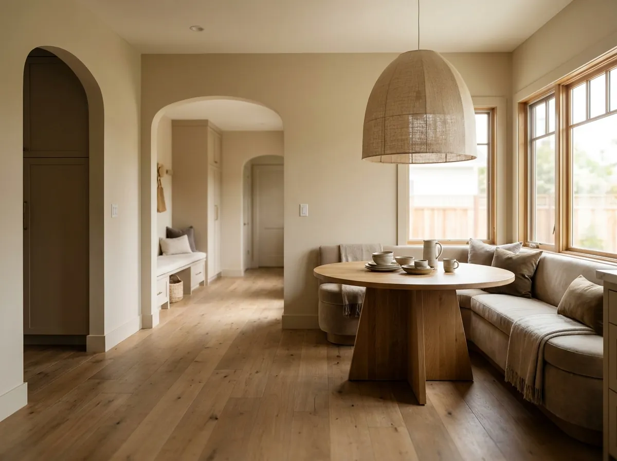 Remodeled San Jose dining area with arched openings, continuous oak floors and a built-in banquette