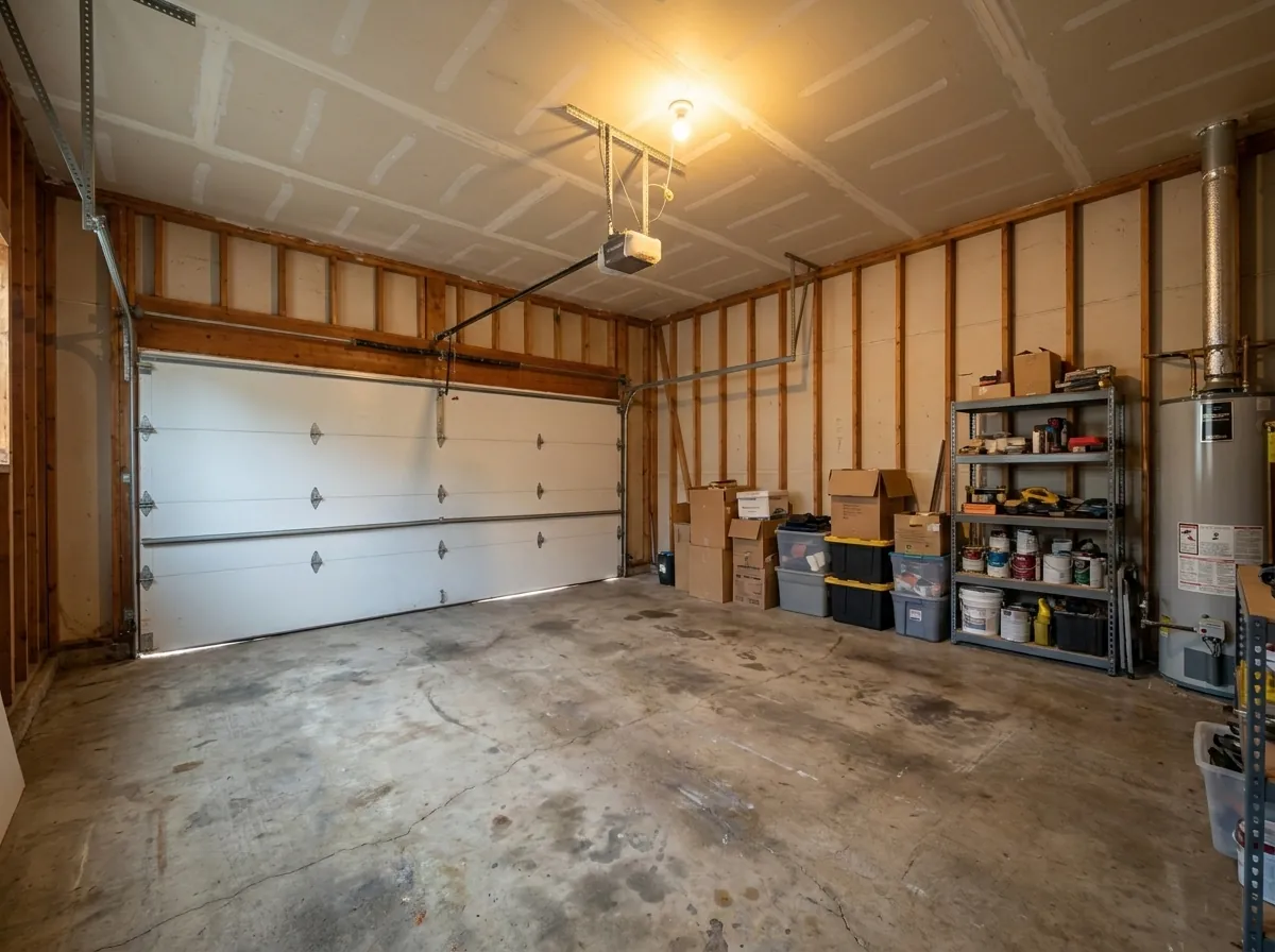 Unfinished San Jose two-car garage with exposed studs, a roll-up door, storage shelves and a water heater