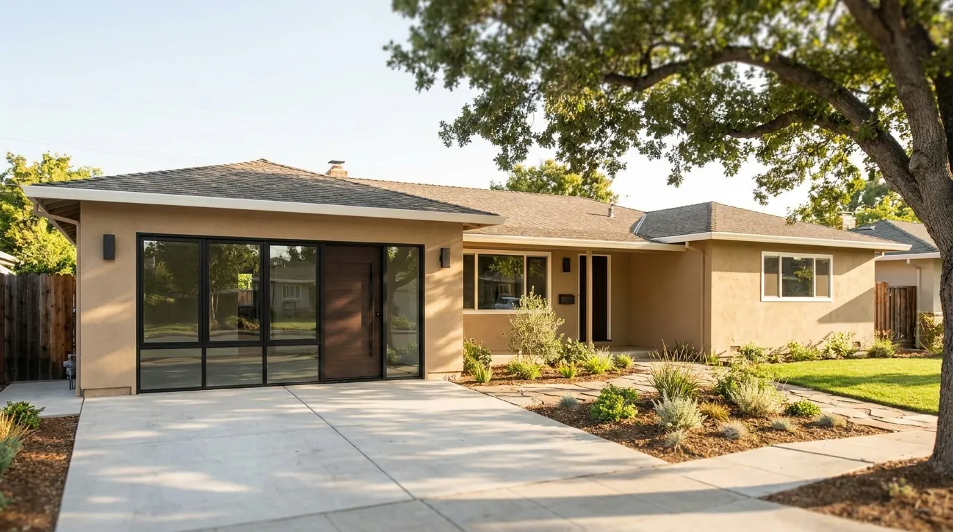 Converted garage on a San Jose ranch home with a black-framed glass window wall and a wood entry door