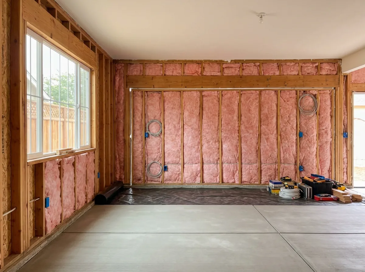 Garage conversion in progress in a San Jose home with a new window framed in, insulation installed and wiring run