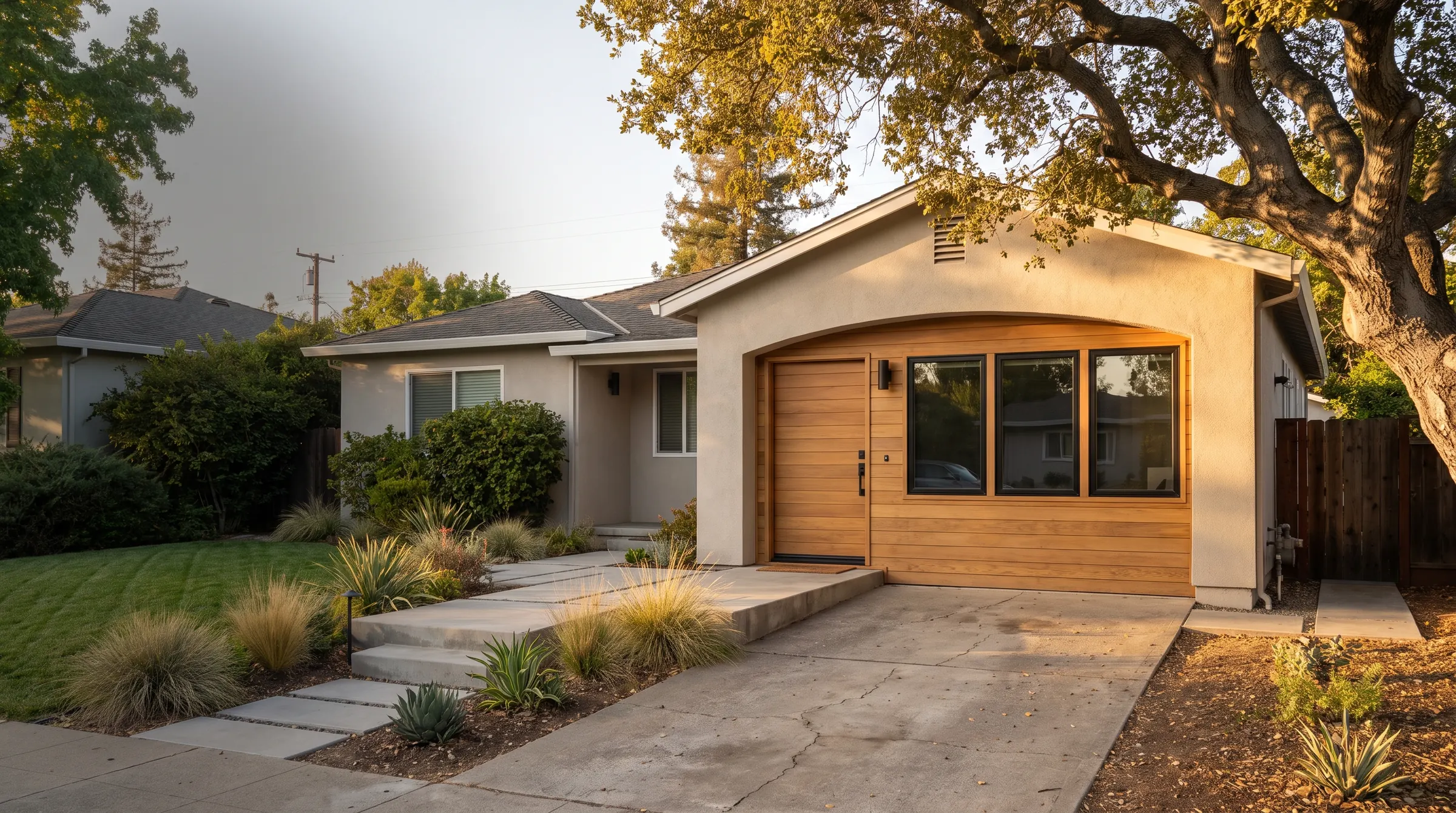 San Jose ranch home with its former garage converted into living space, with a wood entry door and black-framed windows where the garage door used to be