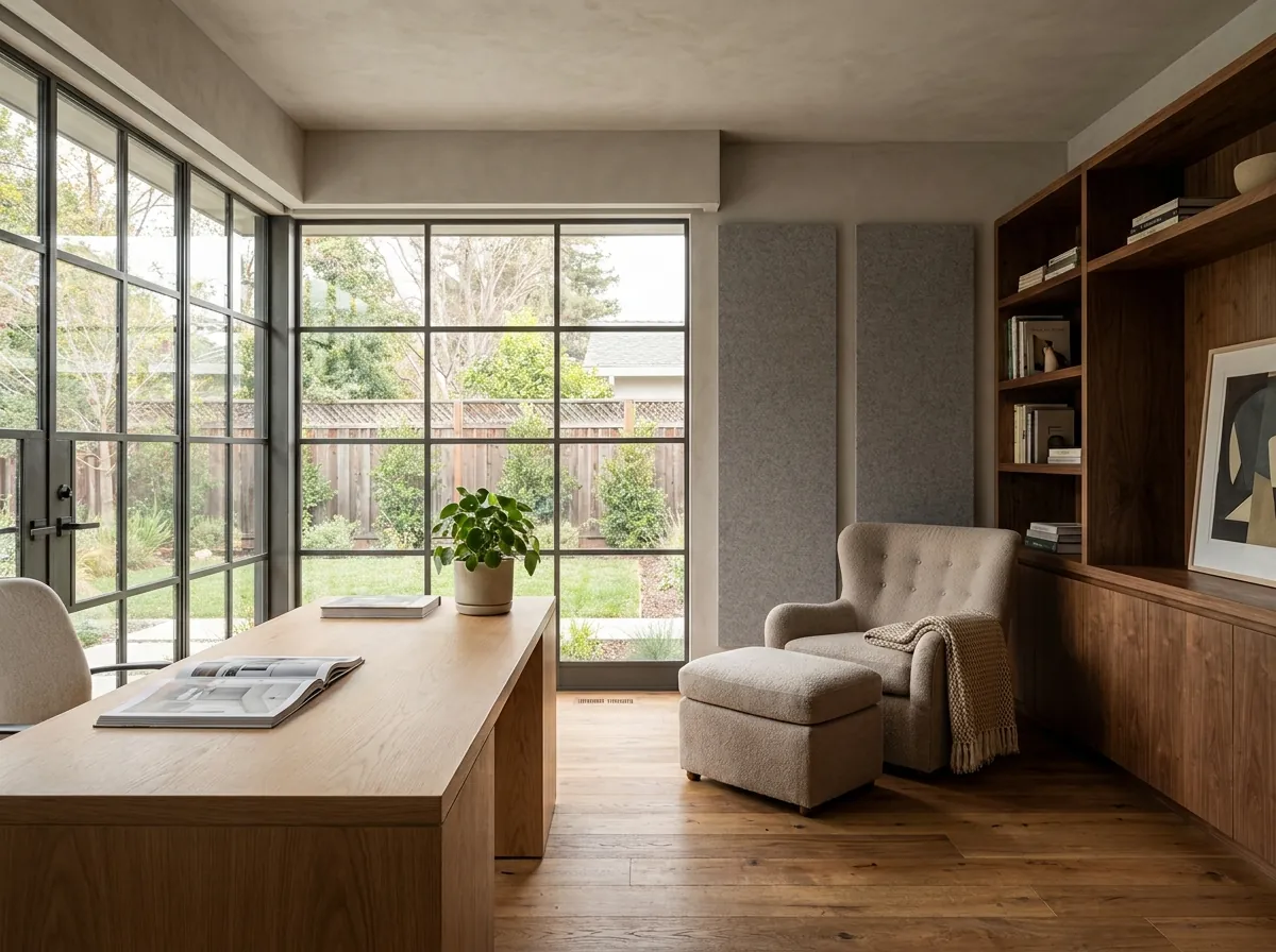 Garage converted into a home office with an oak desk, built-in shelving, acoustic panels and black-framed glass to the garden