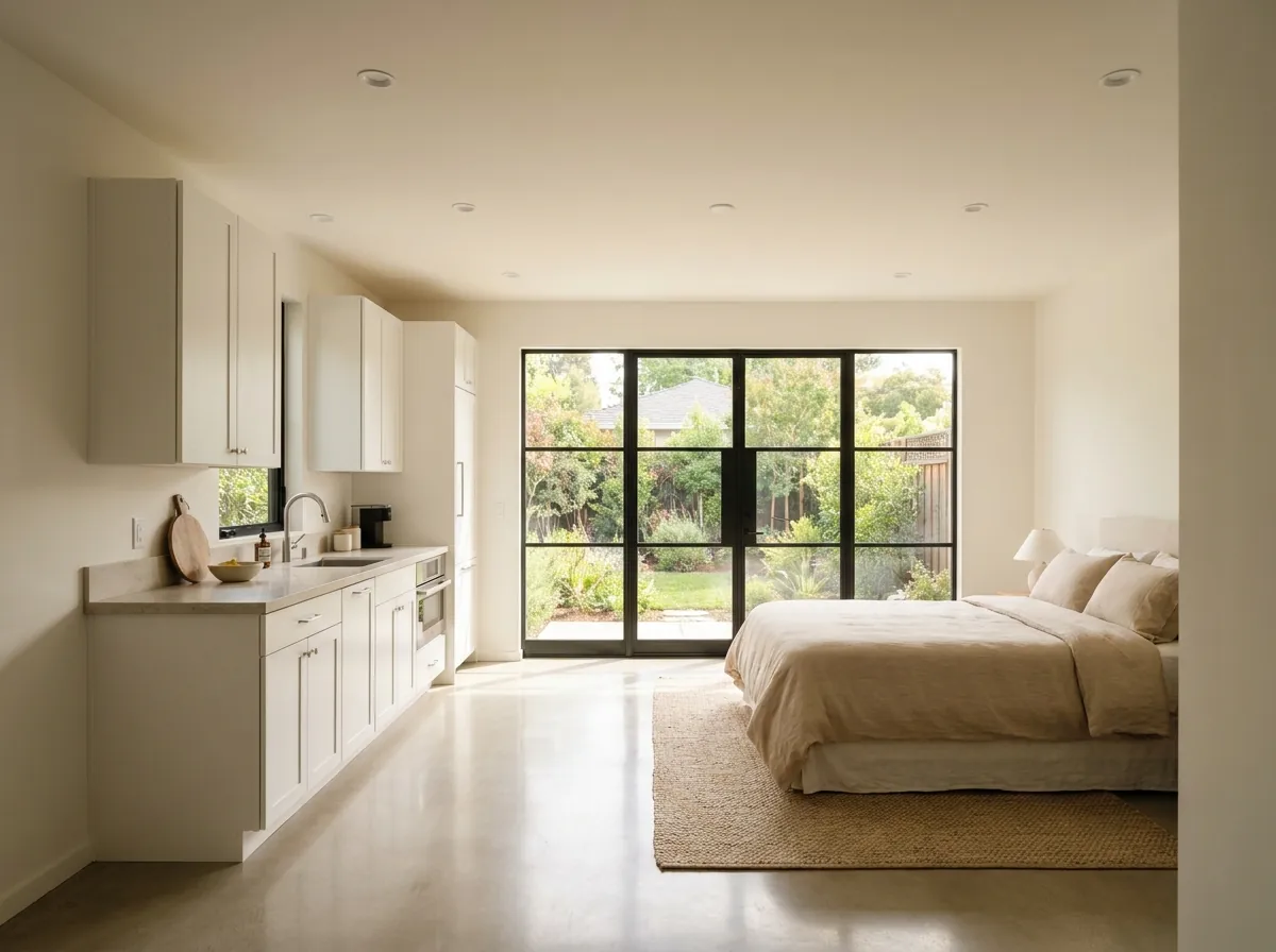 The same garage converted into a bright studio with a kitchenette, a bed area and black-framed glass doors