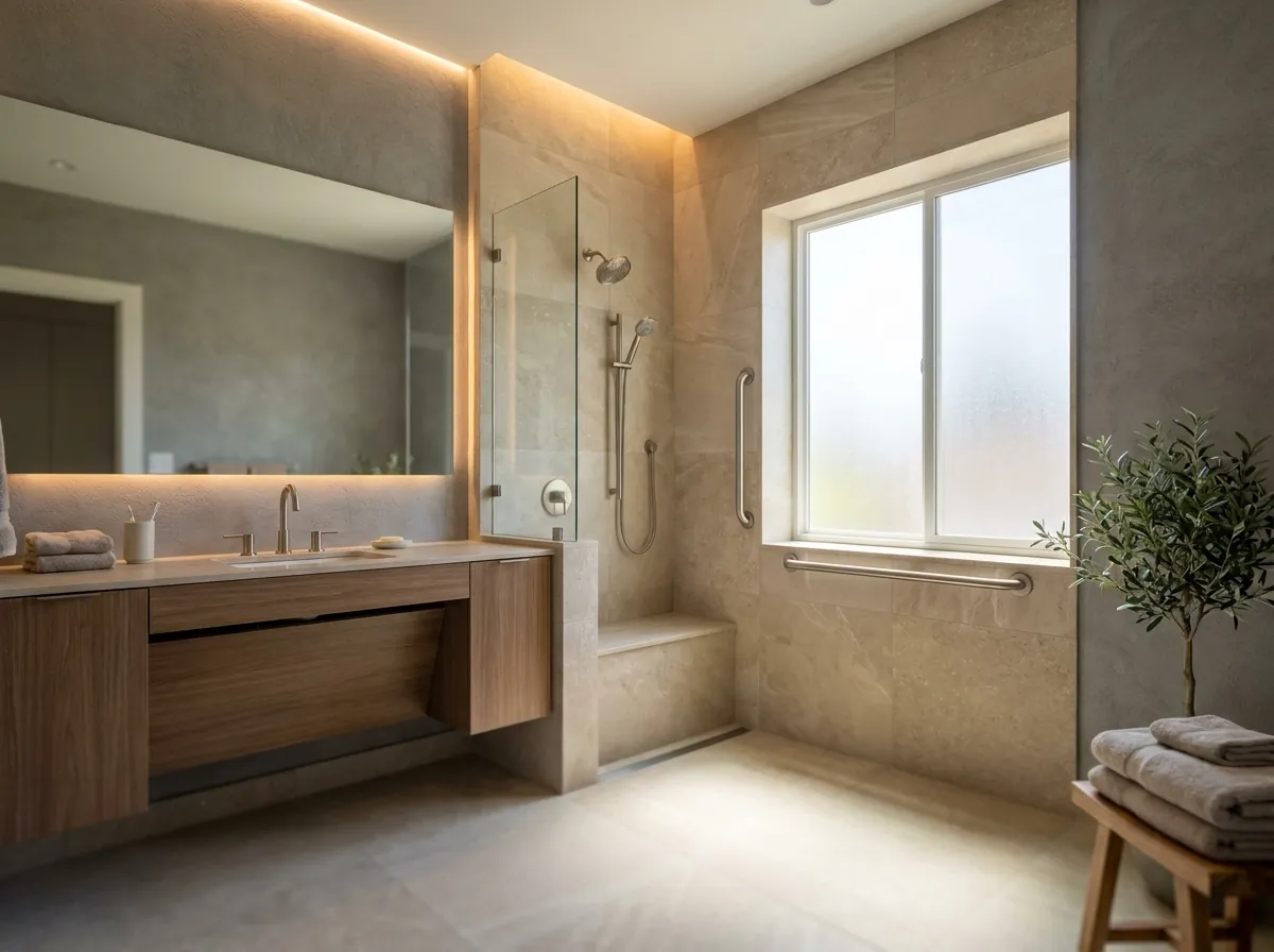 Accessible bathroom in a garage in-law suite with a curbless shower, grab bars and a floating wood vanity