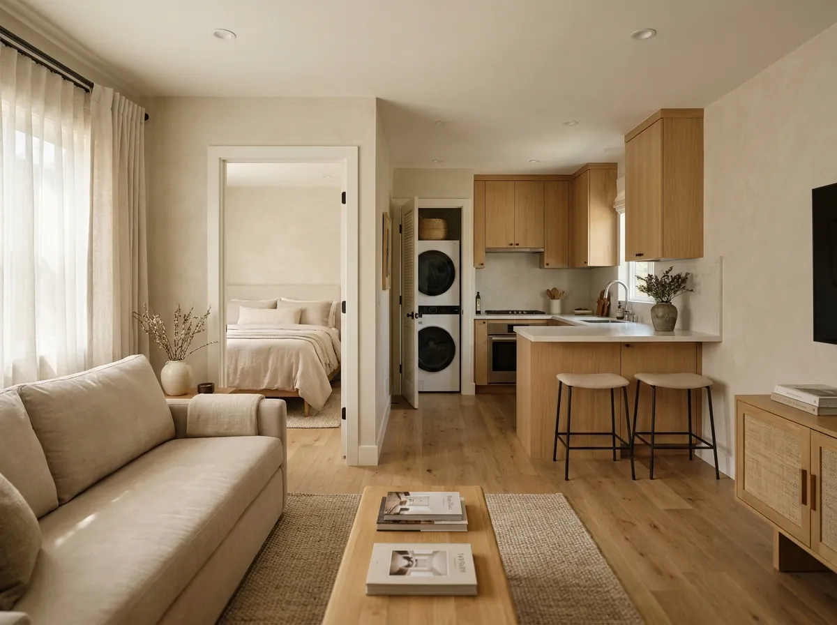 One-bedroom ADU converted from a two-car garage with a living area, a kitchen peninsula and a stacked laundry closet