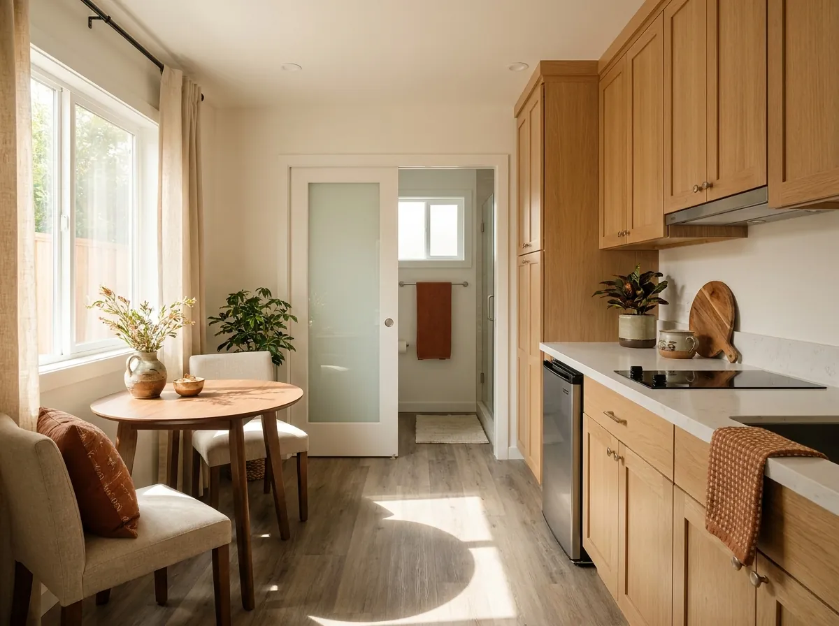 Studio ADU in a converted garage with an oak kitchenette, a small dining table and a frosted pocket door to the bathroom