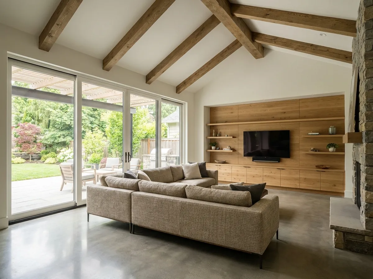 New great-room addition with a vaulted ceiling, sliding glass doors and an oak media wall