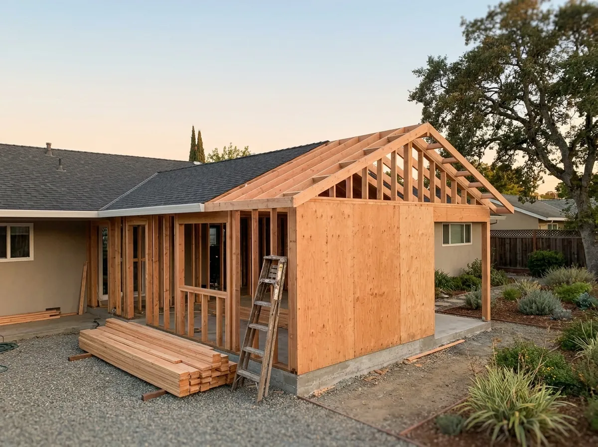 Rear home addition under construction on a San Jose ranch home with new framing tied into the existing roofline