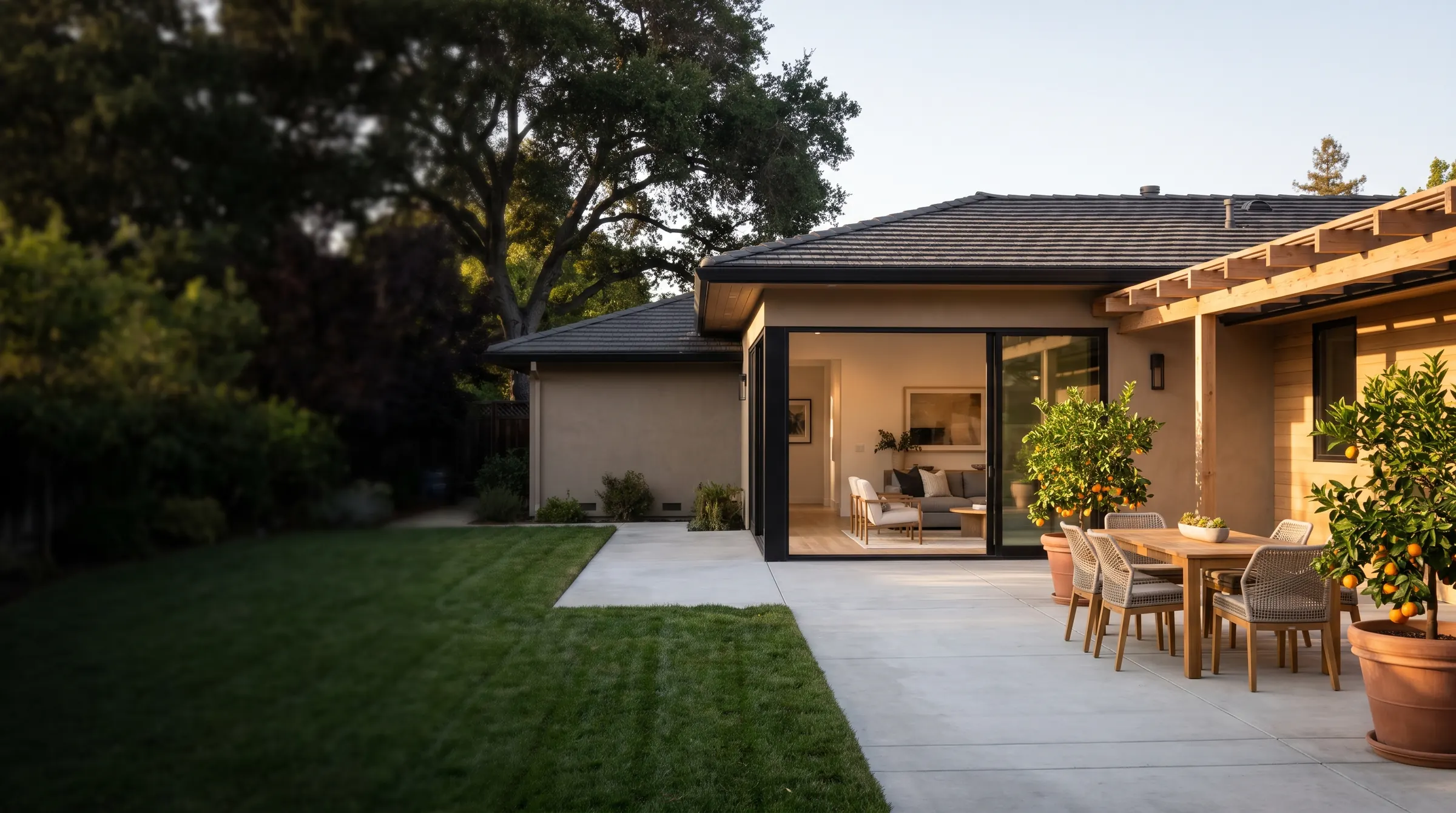 Rear family room addition on a San Jose ranch home with a matching hip roof, stucco walls and black-framed glass sliders to the patio