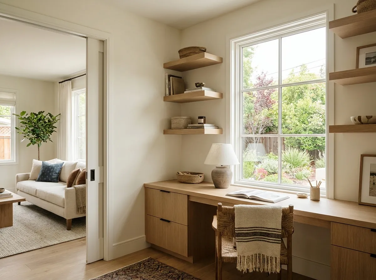 Bump-out addition creating a home office with a built-in oak desk under a wide window
