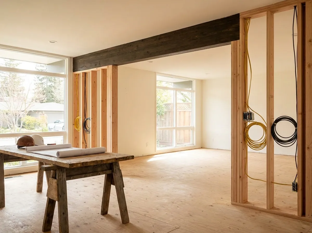Whole-home remodel in progress in a San Jose ranch home, with a new beam where a wall was removed, fresh framing and new wiring