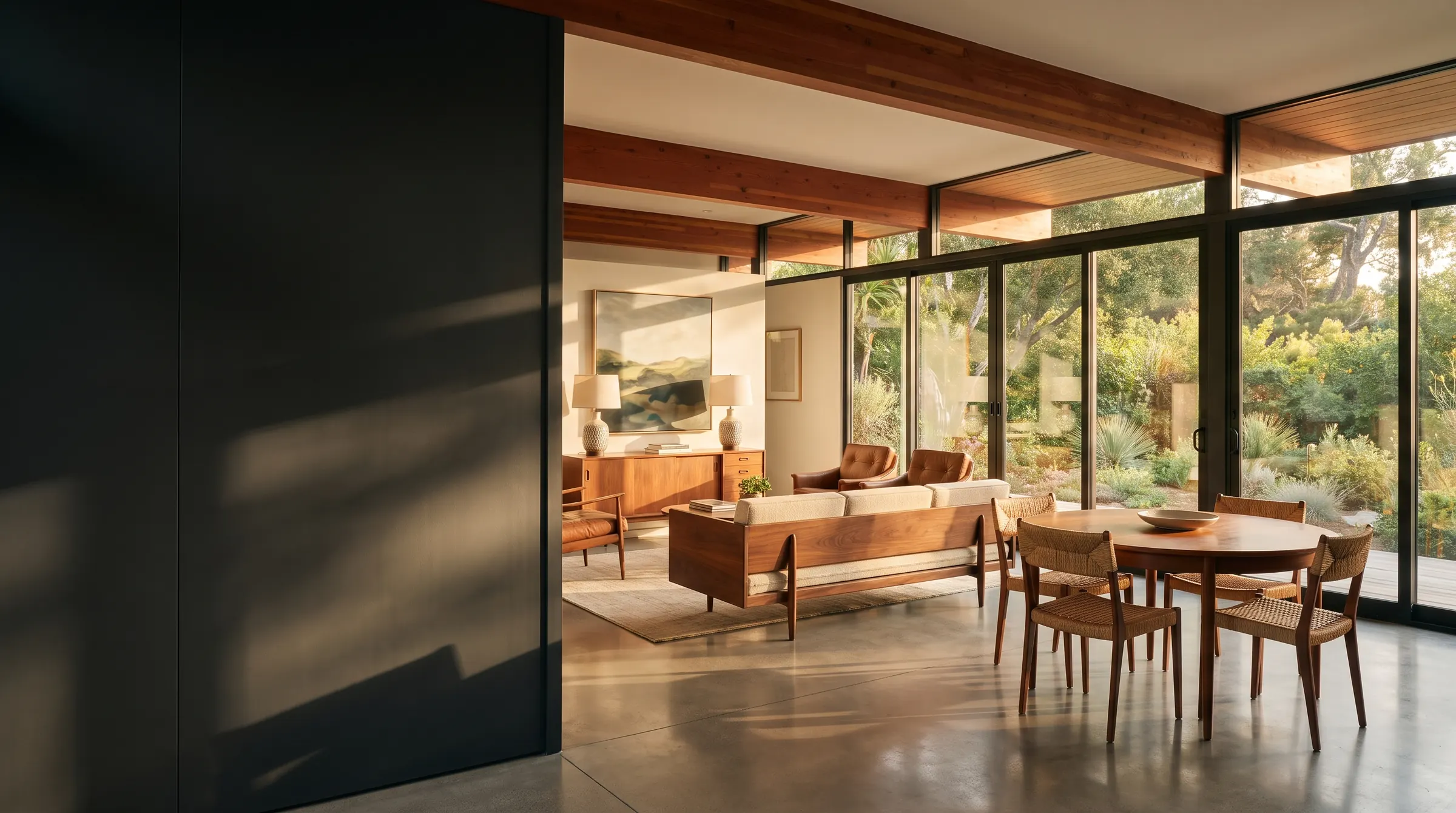 Remodeled mid-century San Jose home with exposed wood beams, an open living and dining room and floor-to-ceiling glass to the garden