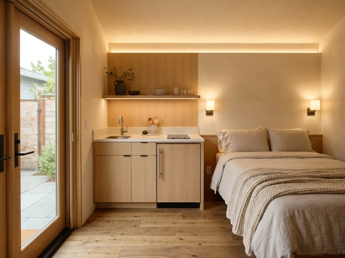 Junior ADU suite inside a San Jose home with an efficiency kitchen, a bed and a private exterior door