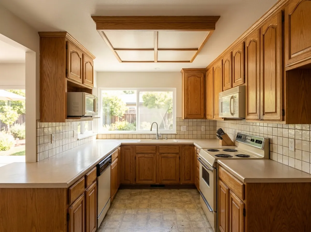 Dated 1990s San Jose kitchen with honey-oak cabinets, laminate counters and a fluorescent ceiling light
