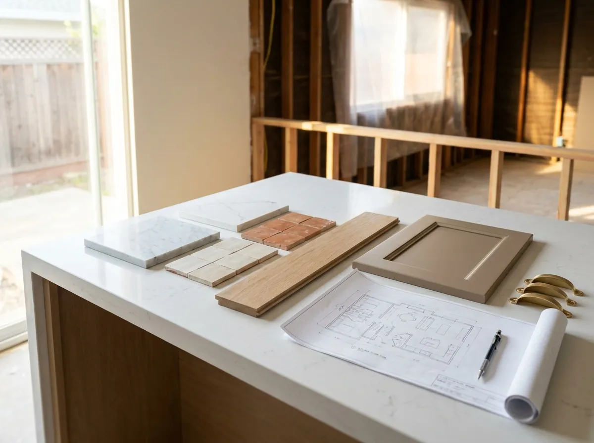 Kitchen design selection board with quartz, zellige tile, oak cabinet door samples and brass pulls on a San Jose kitchen island